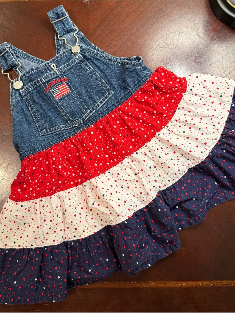 OshKosh B'gosh Denim Overall Dress with Red White and Navy Star Tiers